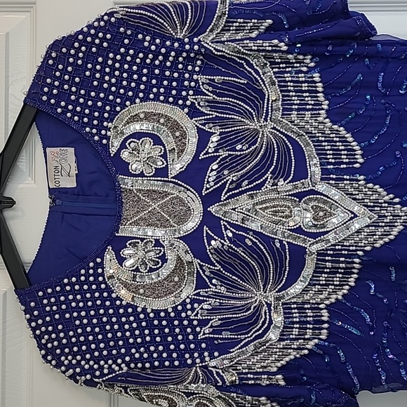 Vintage Western Bib Pearl Fringe & Silver Sequin Moon Silk Shift Dress XL - Picture 4 of 16